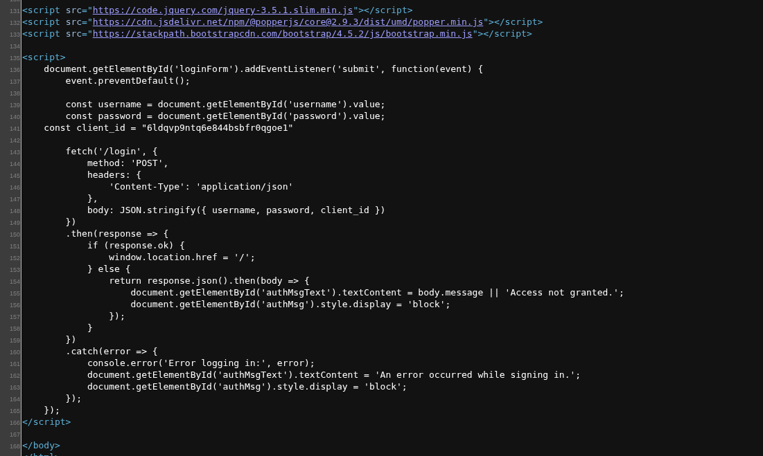 Inline script on /login exposing the Cognito client_id