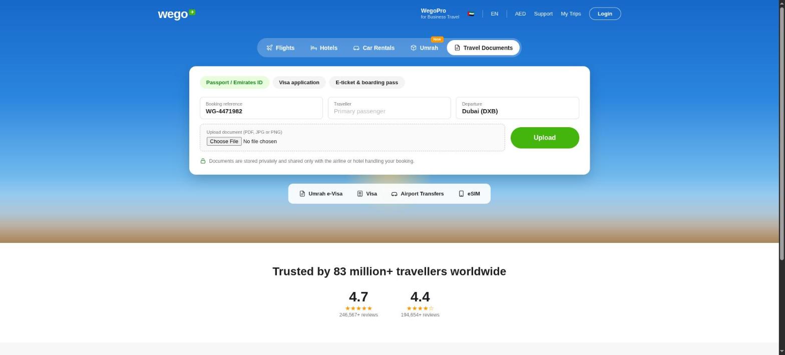 Spoofed Wego.ae travel document portal