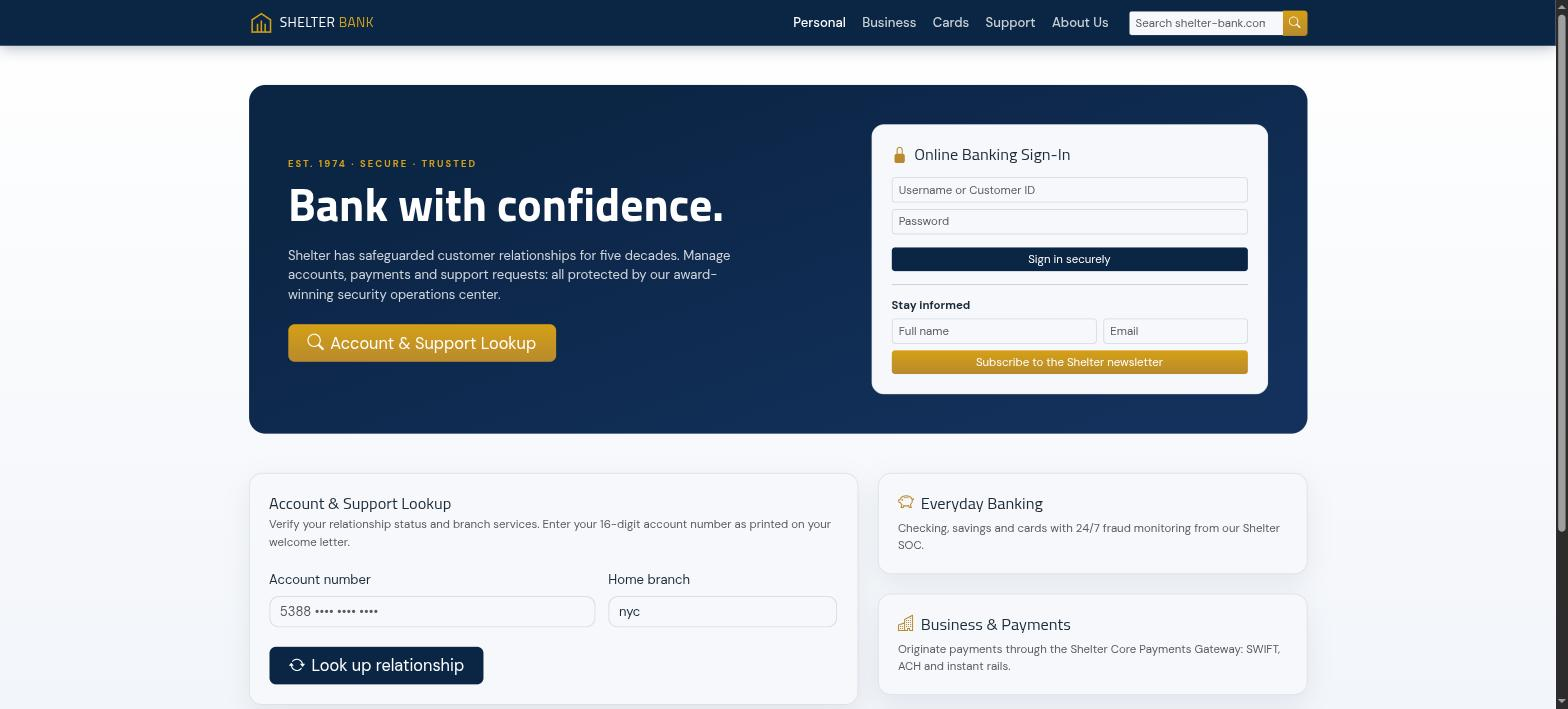 online.shelter-bank.com landing page
