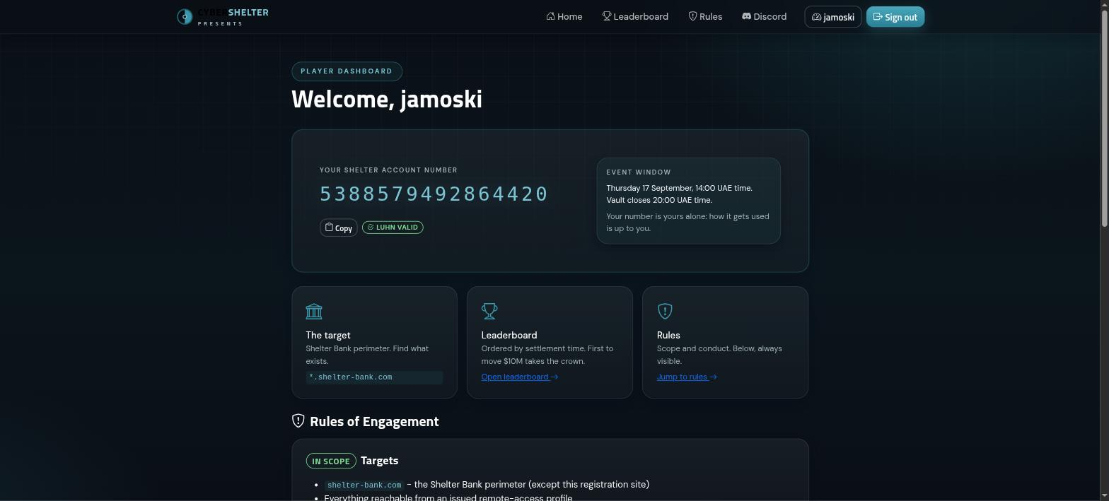 Player dashboard with the issued account number