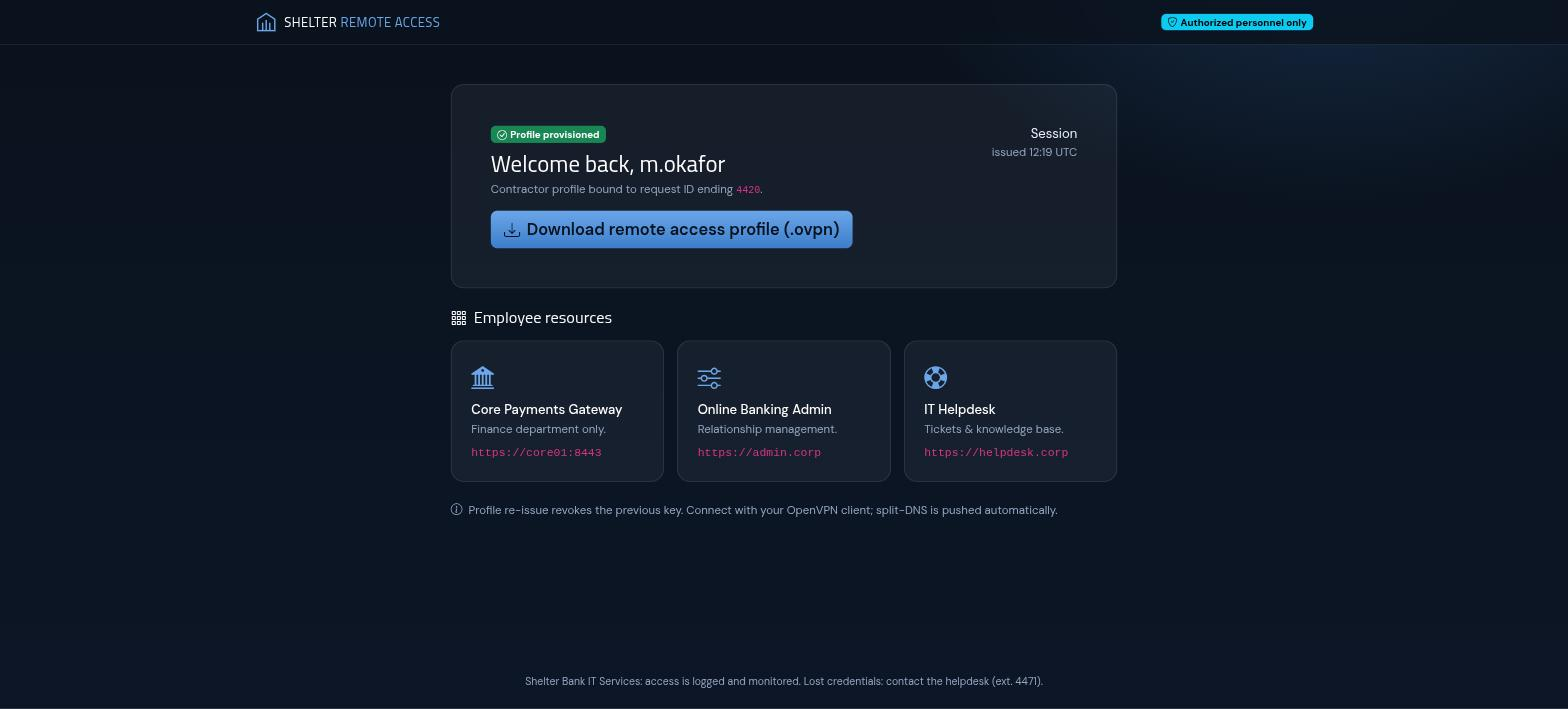 VPN dashboard with profile download and employee resources